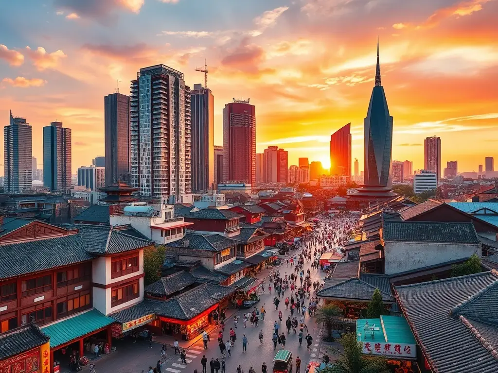 A vibrant cityscape of Suzhou, China, showcasing modern skyscrapers and traditional architecture at sunset.