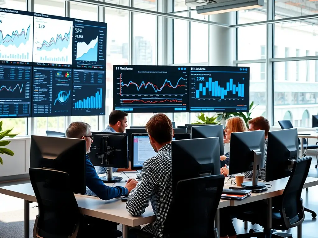 A team of data analysts working on computers in a modern office, analyzing data trends.