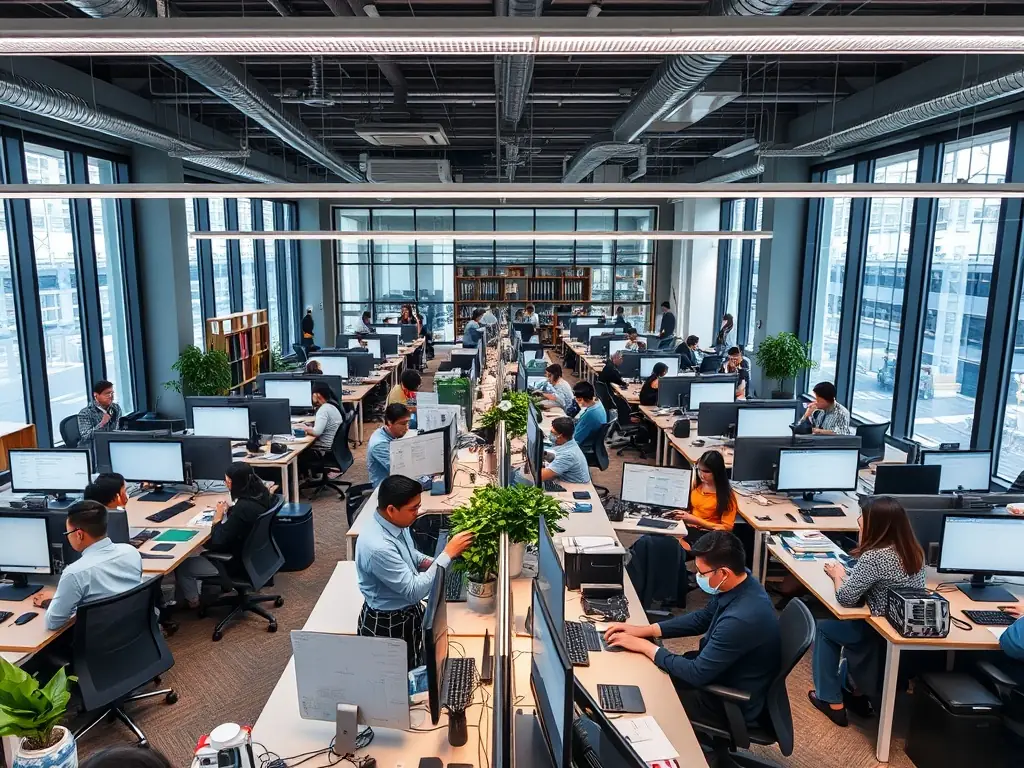 A bustling office environment in Suzhou, China, representing the subsidiary of ORI.AI LTD.