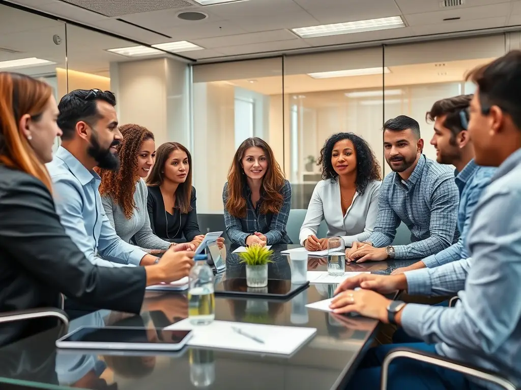 Diverse professionals discussing data strategies in a meeting room.