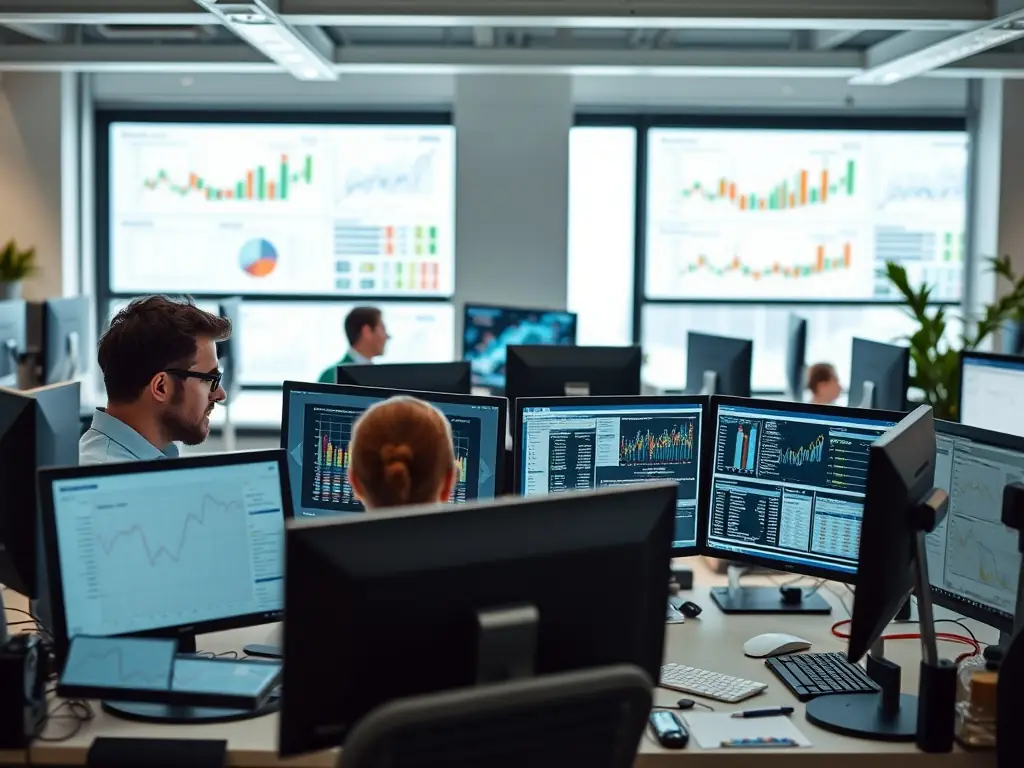 Data analysts working with complex data sets on multiple screens in an office.